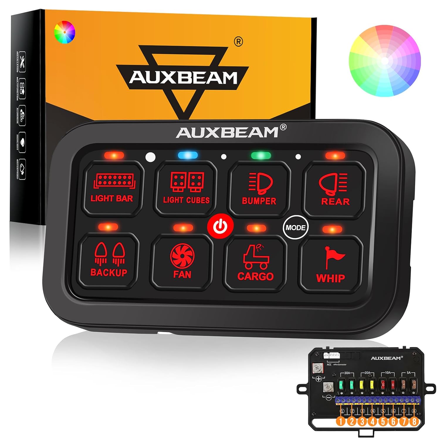 Auxbeam 8 Gang Switch Panel RA80 Toggle Momentary Pulsed RGB Dimmable