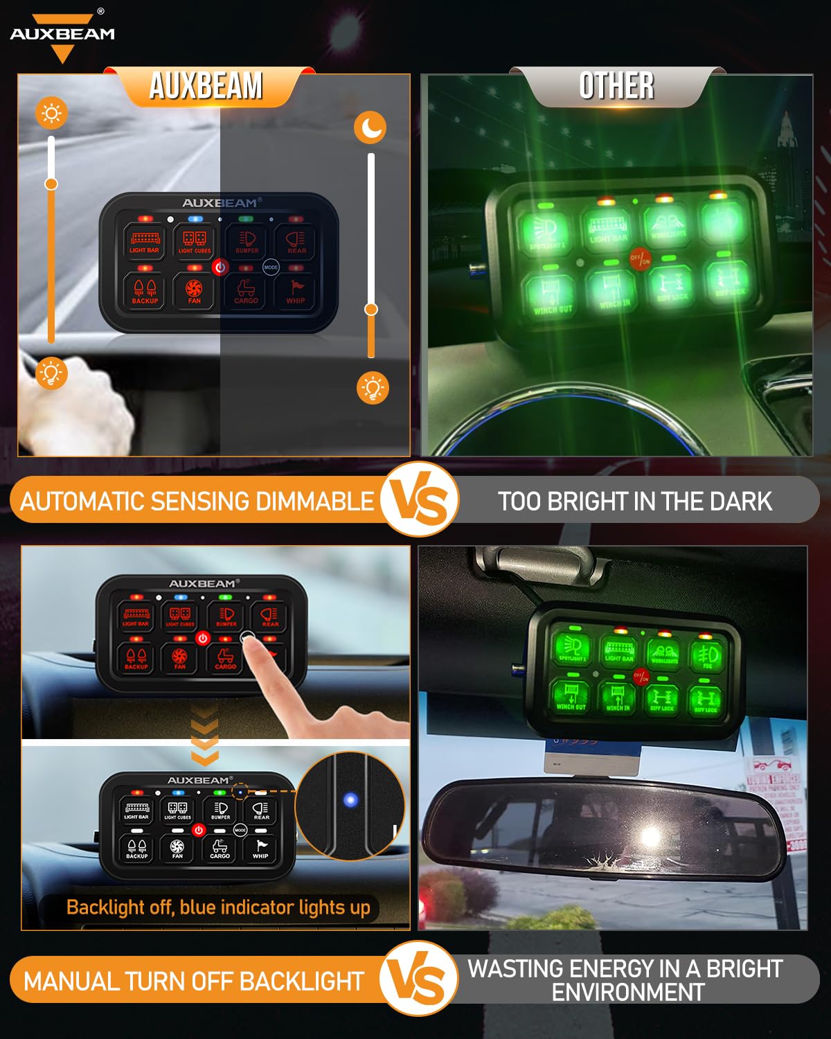 Auxbeam 8 Gang Switch Panel RA80 Toggle Momentary Pulsed RGB Dimmable - Image 4