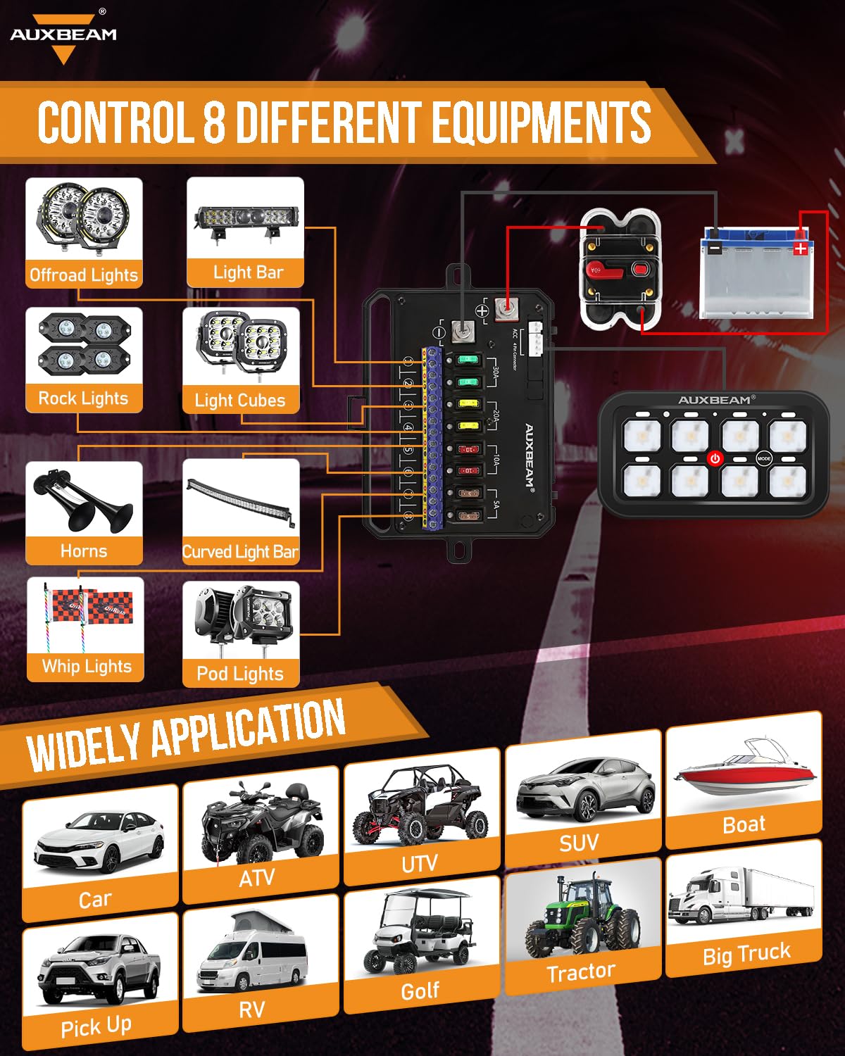Auxbeam 8 Gang Switch Panel RA80 Toggle Momentary Pulsed RGB Dimmable - Image 6