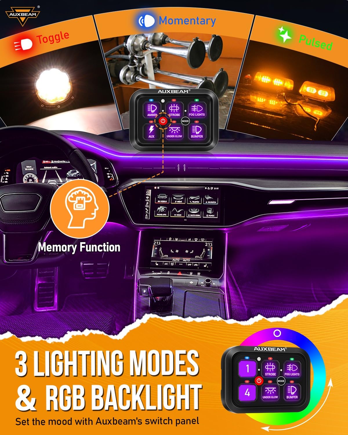 Auxbeam RGB 6 Gang Switch Panel RA60 Auto-Dimmable Switch Panel - Image 2